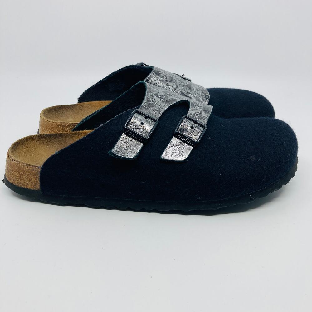 Birkenstock Papillio Clogs Womens 10 Wool Stamped Floral Slides Black Silver